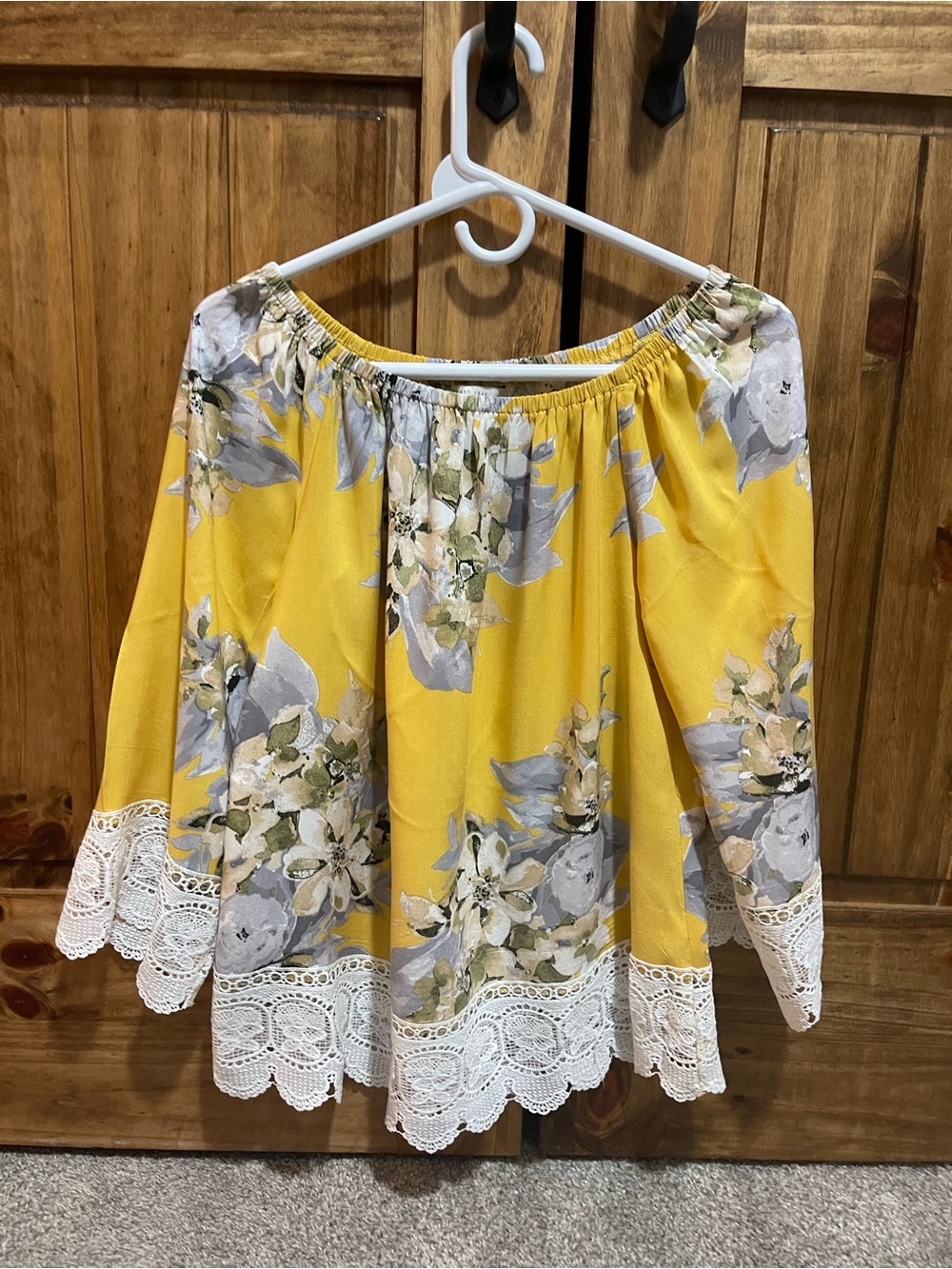 Cato Yellow Floral Off-Shoulder Blouse with White Lace Trim